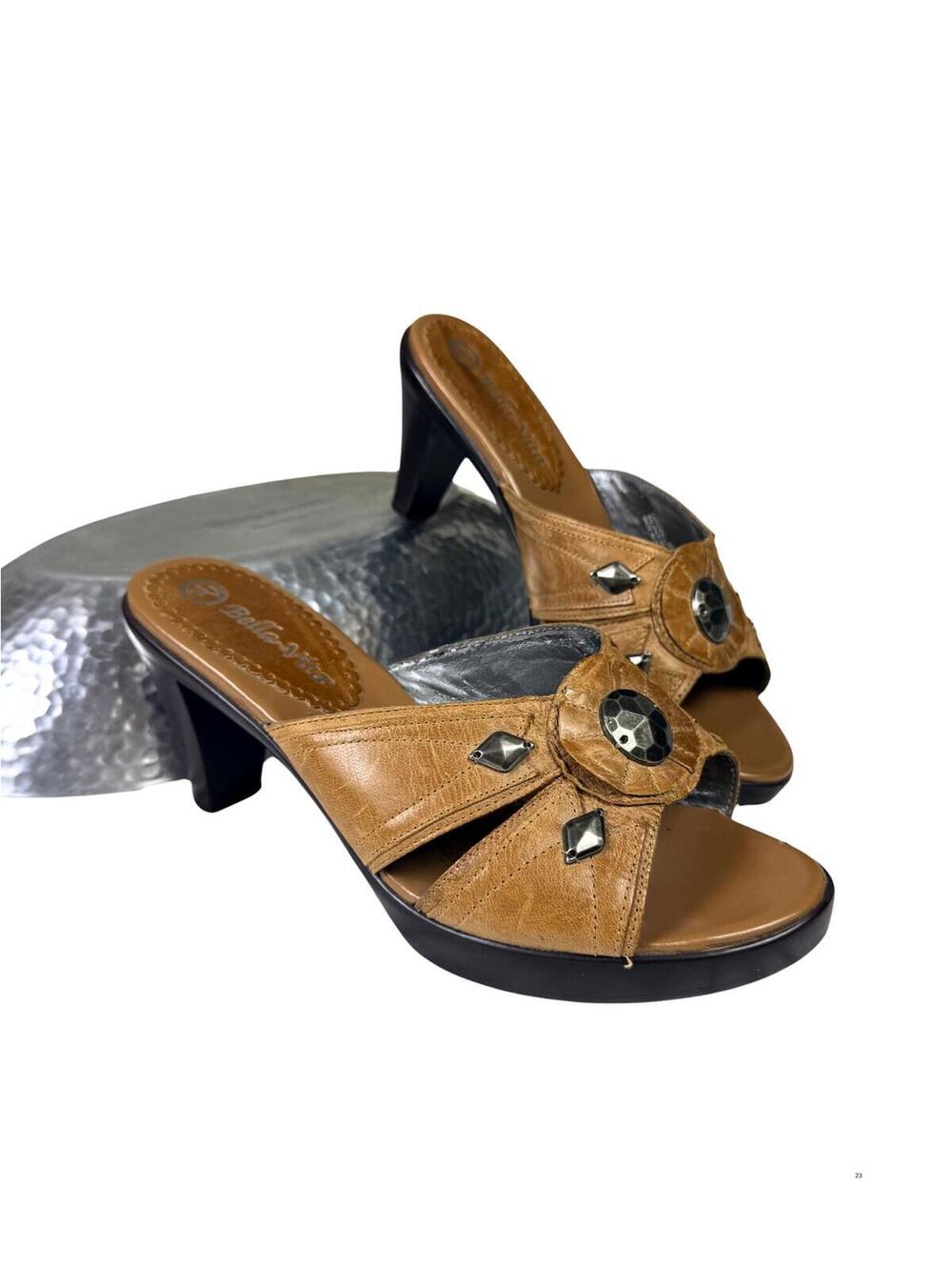 Bella Vita Leather Embellished Mule Heels Size 7 Wide Brown Slide Sandals